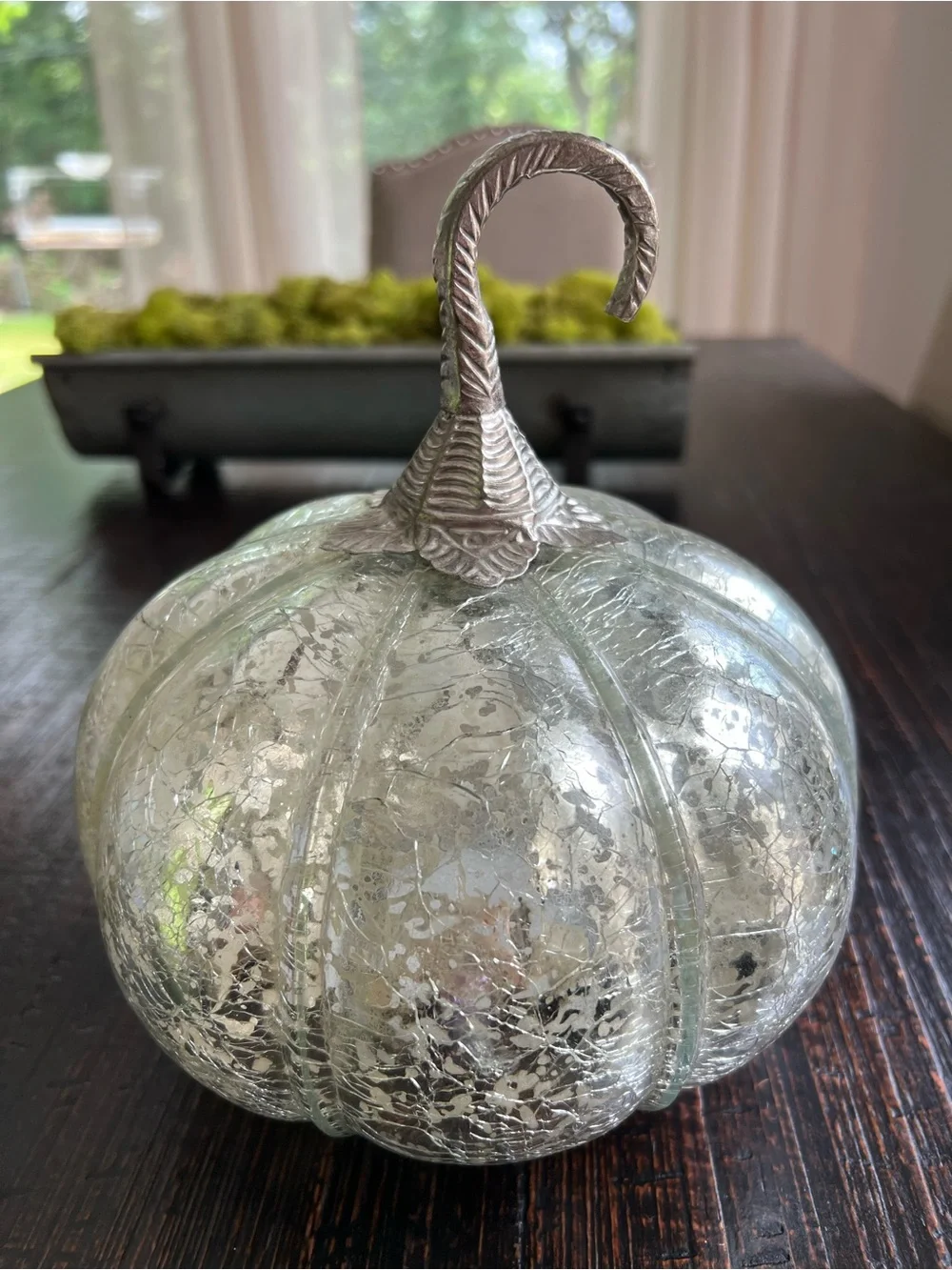 Mercury Crackle Glass Pumpkin Decoration, Silver Tone Metal Stem